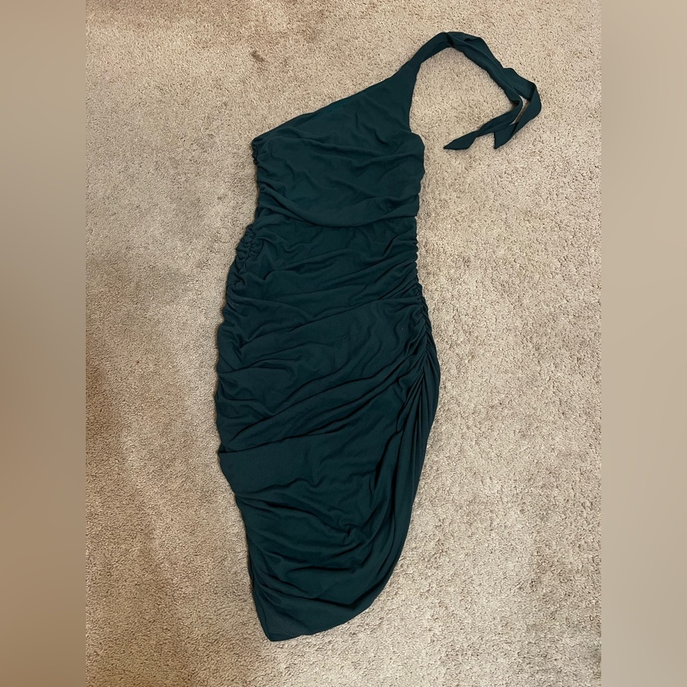 VELV One-Shoulder Dress in Dark Green